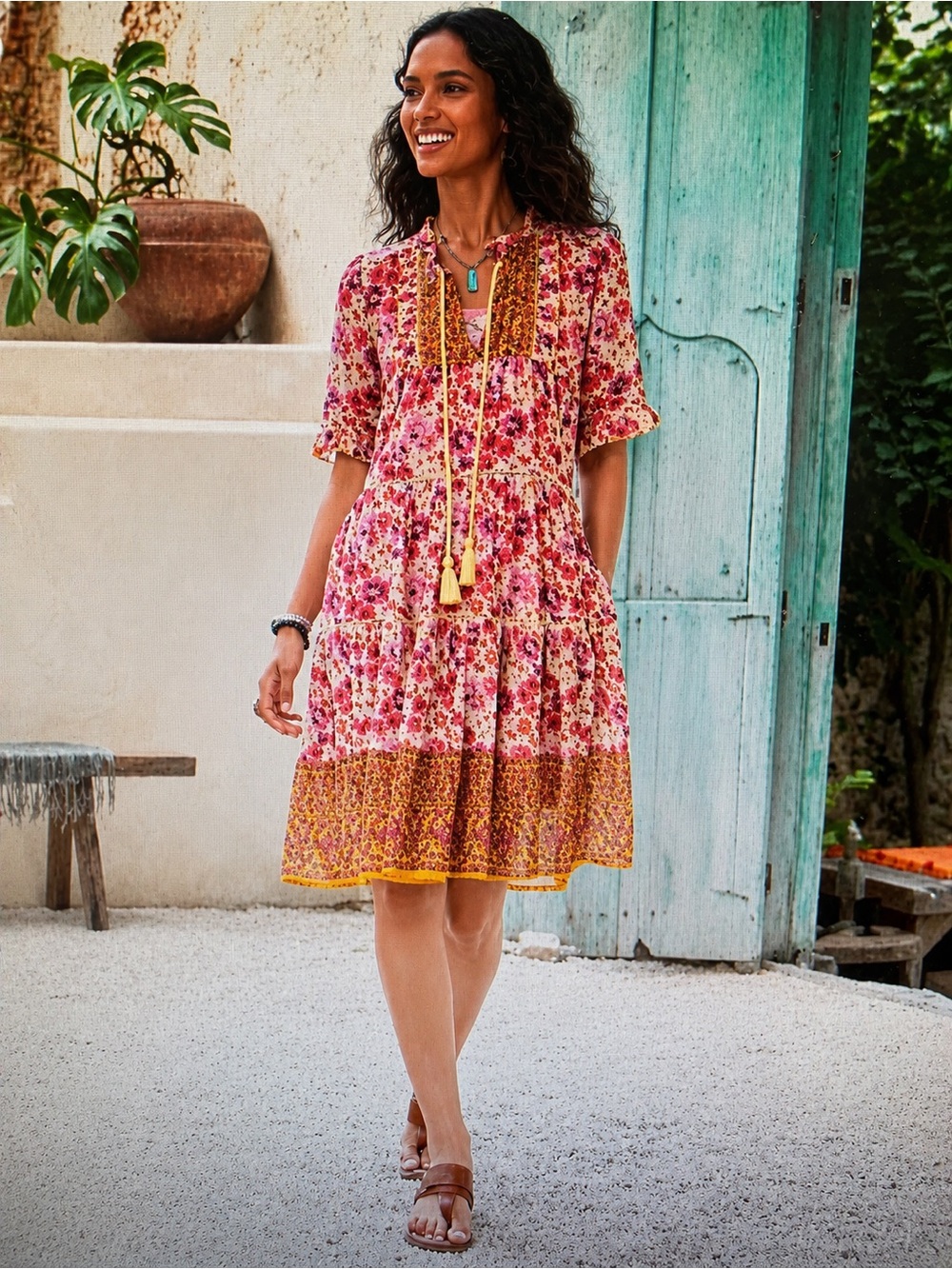 Boho Floral Tiered Mini Dress w/ Slip Snap Closure & Pockets Size M NWT